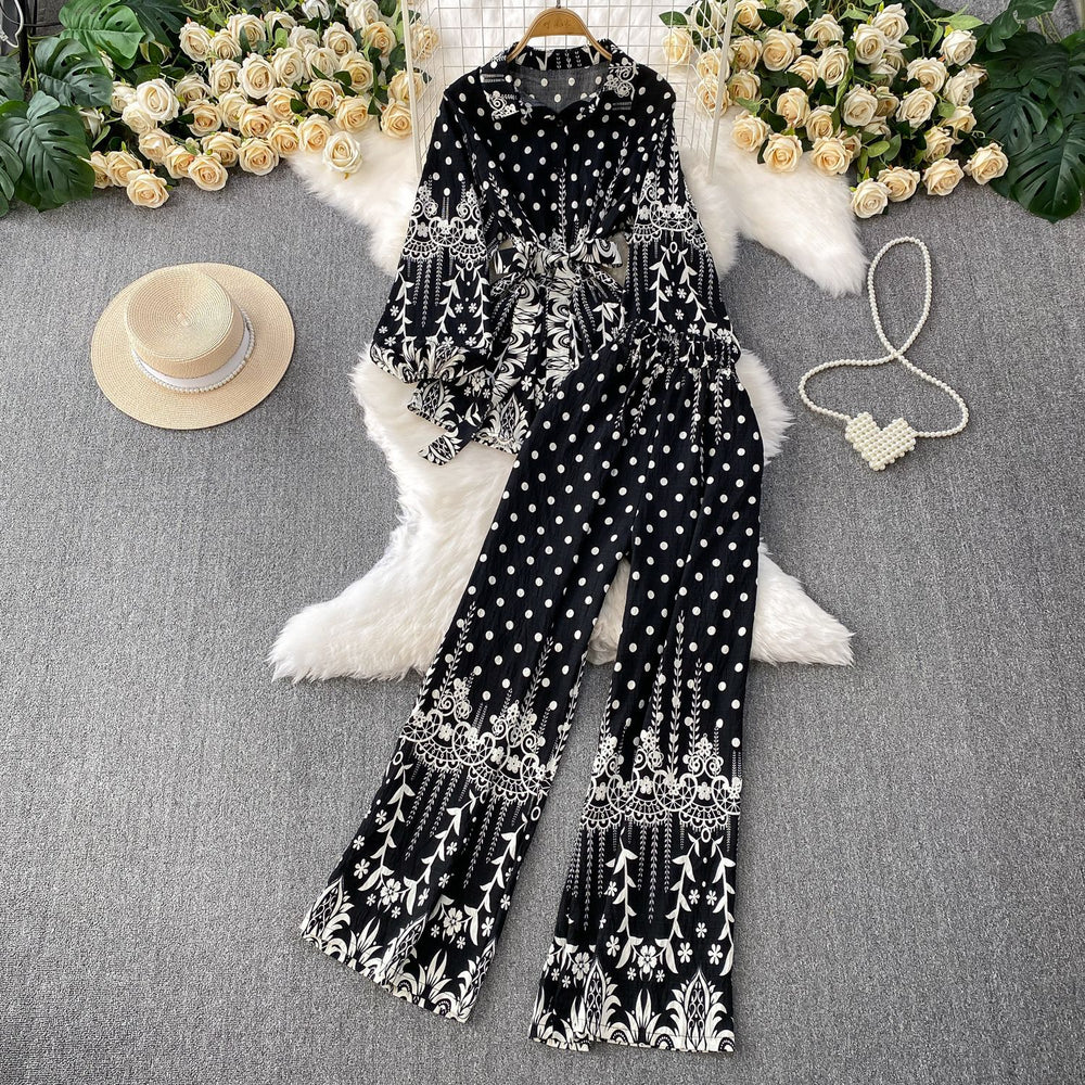 retro style printed lantern sleeve sun protection shirt with turn-down collar and cinched waist + high-waisted slimming wide-leg pants set