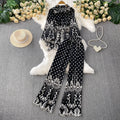 retro style printed lantern sleeve sun protection shirt with turn-down collar and cinched waist + high-waisted slimming wide-leg pants set