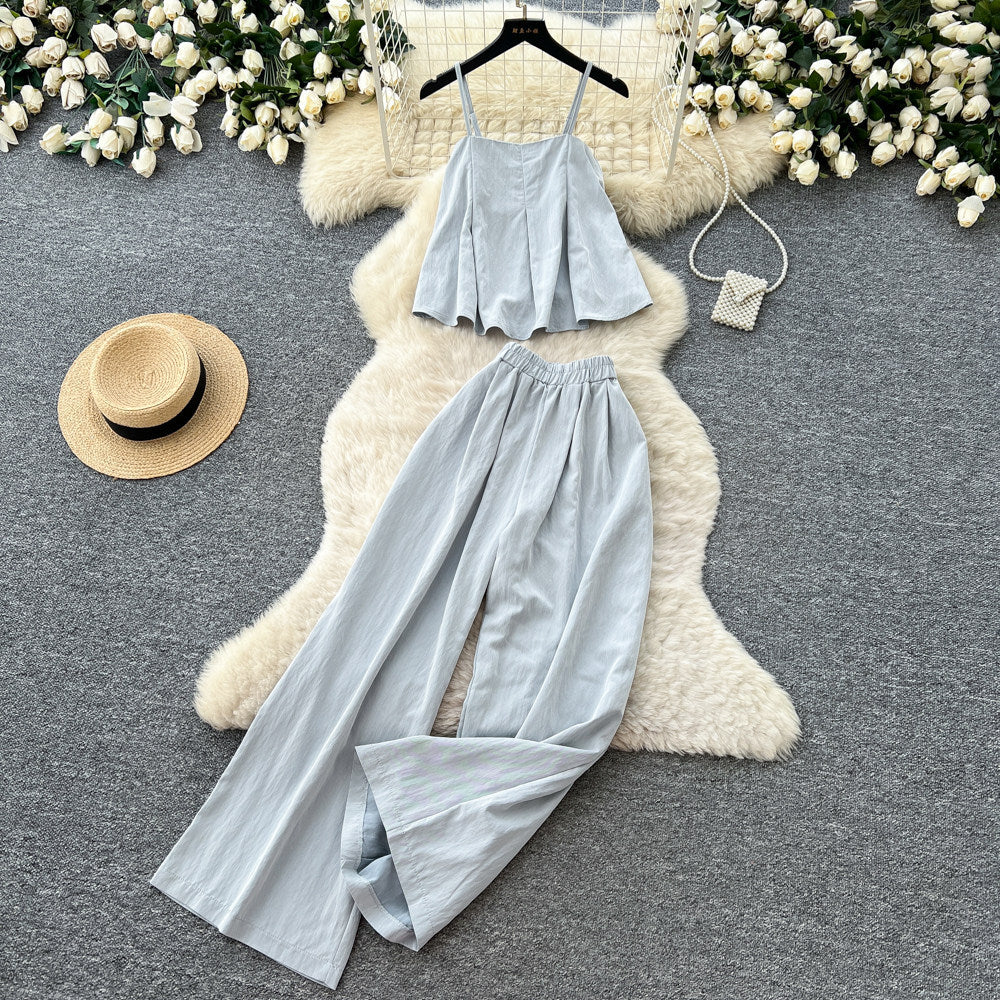 Minimalist cami top & wide-leg pants set - women's summer sleeveless chic outfit - effortless & sophisticated workwear