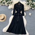 French gentle style niche heavy industry cut out crochet knittingdress women's autum metal button waist slit long skirt