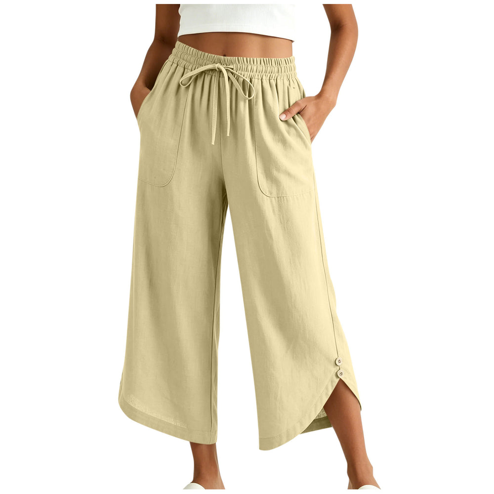 cross-border  women's summer lightweight solid color elastic waist drawstring pocket side button casual capri pants