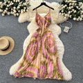Frenchniche style holiday style dress women's summer fashionprinting suspender v neckhigh waistslimming lookelegant long skirt
