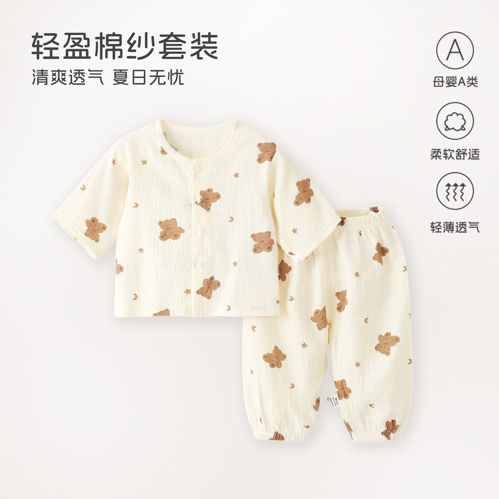 Baby pajamas gauze pure cotton spring summer thin baby air conditioning home clothes separatestwo-piece set men's and women's children