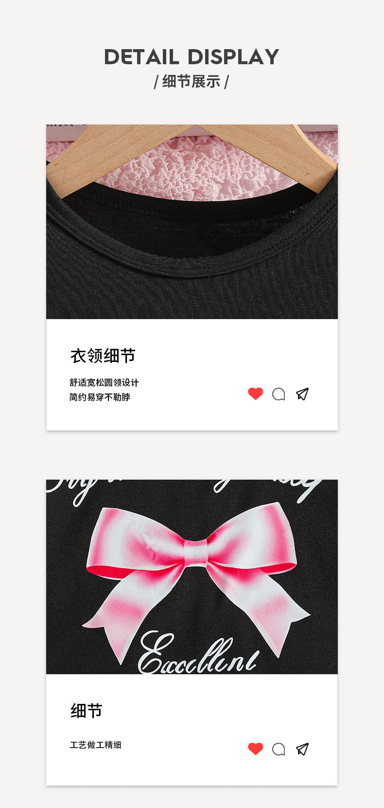 Girls' export skirt set: pink pleated skirt & round neck bow print t-shirt two-piece outfit