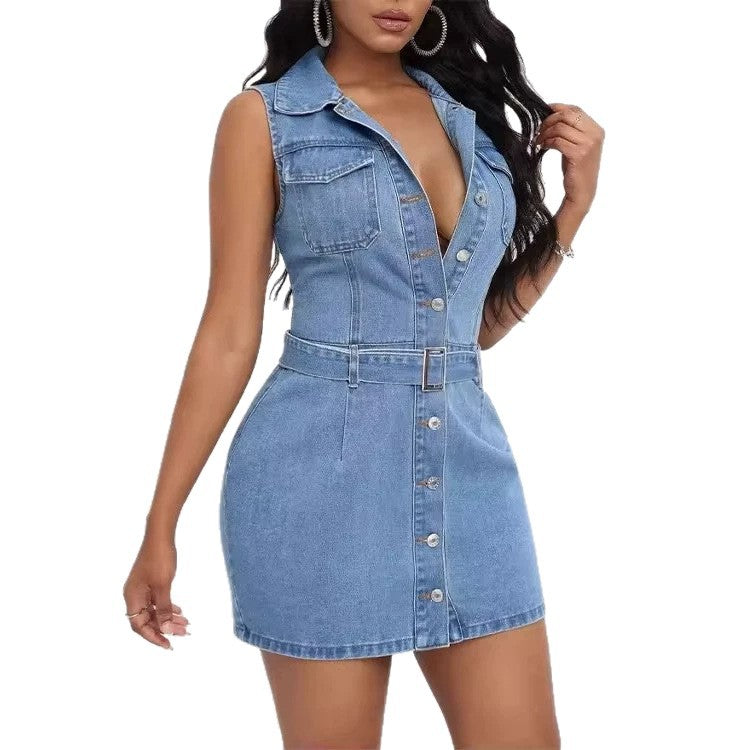 women's dress, summer, single-breasted, european and american style, lapel, sleeveless, cinched waist, a-line, fashionable denim dress