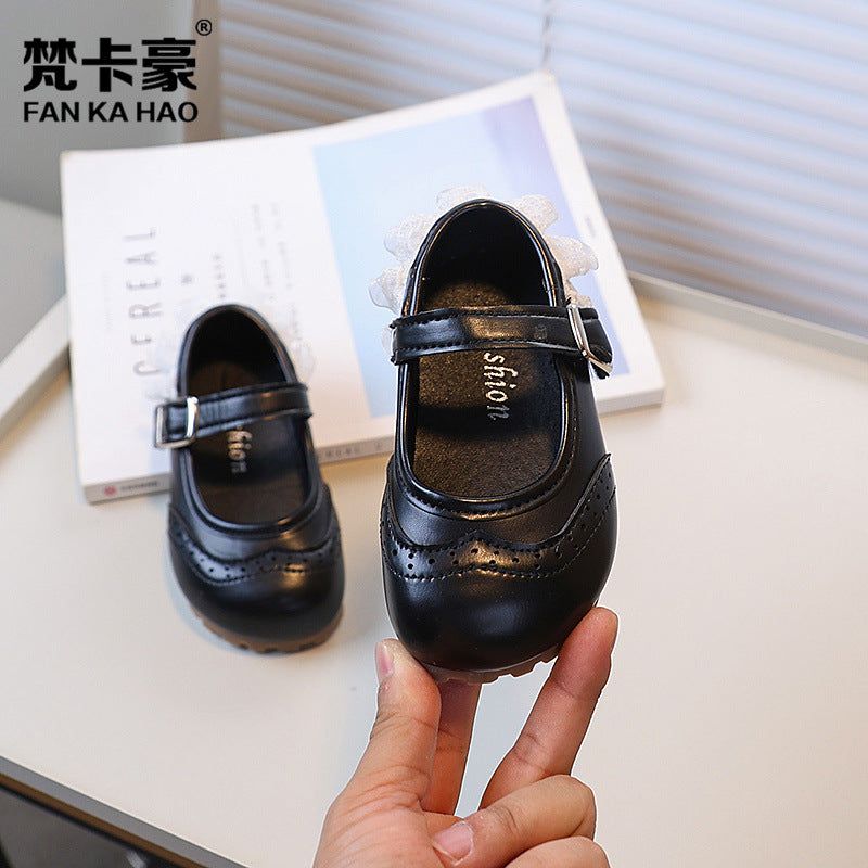 Girls' lace-trimmed princess shoes, new autumn  korean style, soft-soled black leather shoes for toddlers and little girls
