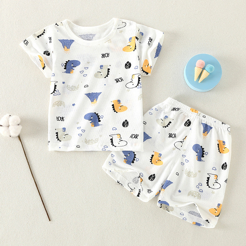Baby short-sleeve set, one-year-old summer outfit, girls' ice silk top and shorts, lightweight summer two-piece set, 100% cotton