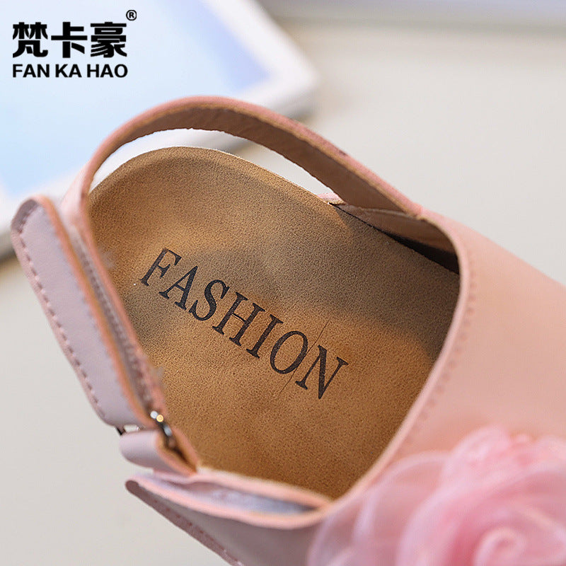 Vancahao niche style design fish mouth birkenstock shoes  summernew arrivalgirl small flower cork sandals beach shoes