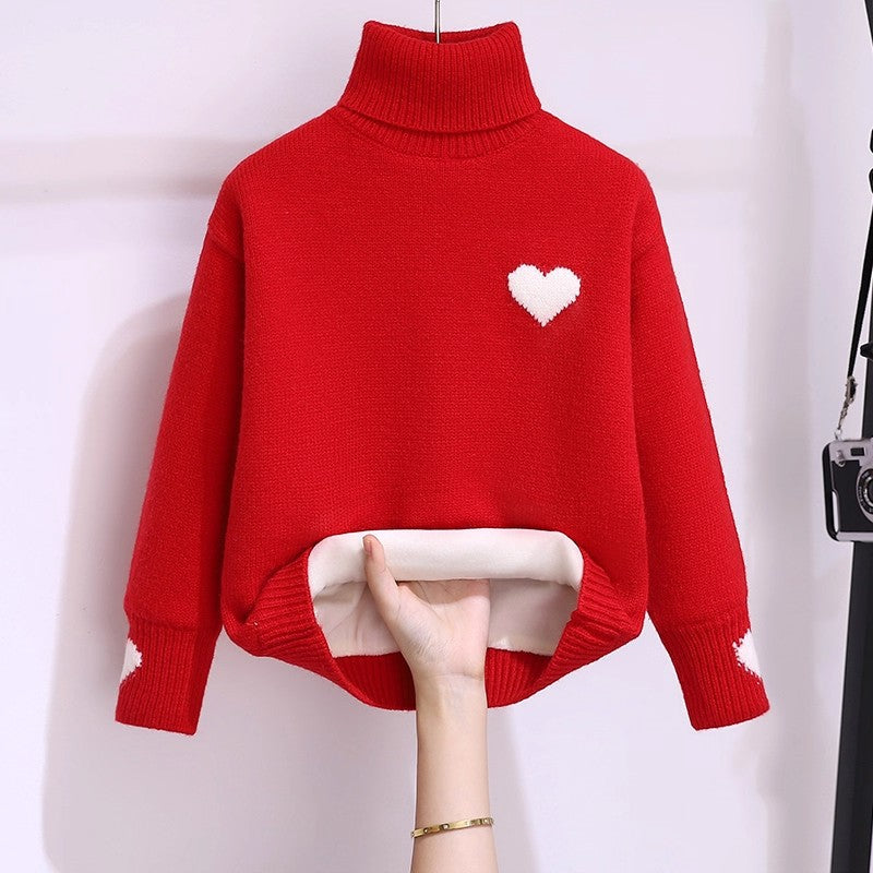 Girlsweater high collar fleece-lined winter kids heart woolentopsgirlwinterthickened bottomknitting shirt