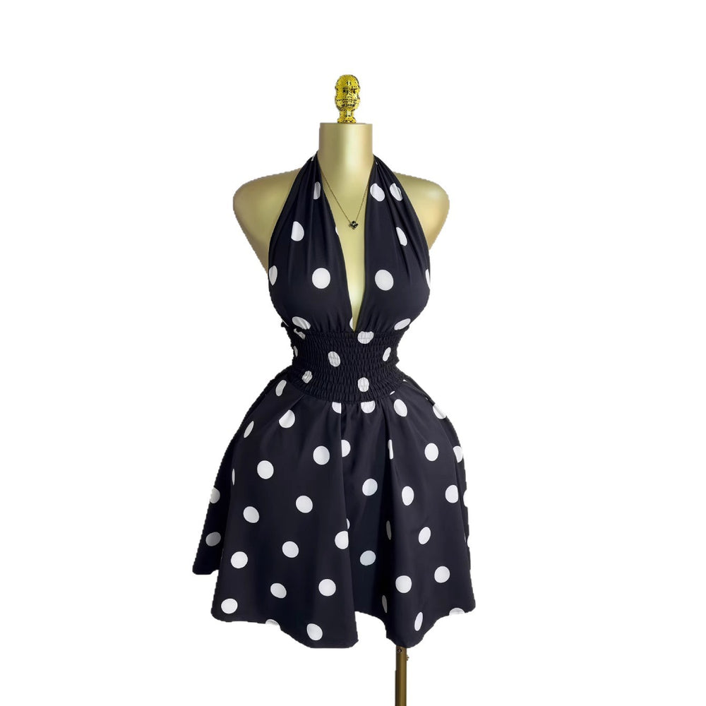 European and american cross-border women's fashion  summer new arrival polka dot sleeveless v-neck tie-back cutout waist short dress
