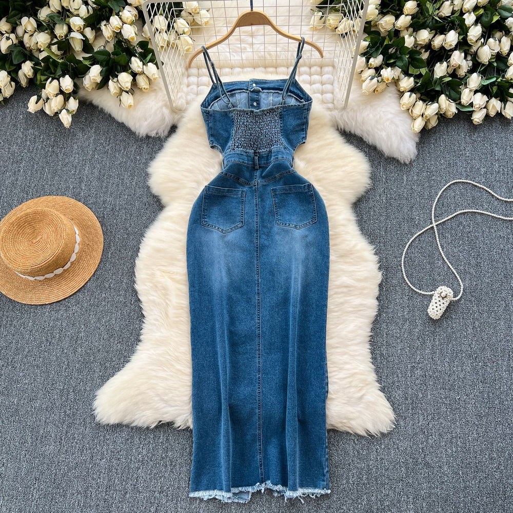 Chic hong kong style retro denim dress - designer raw hem slit slim fit midi slip dress - women's summer fashion