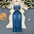 Chic hong kong style retro denim dress - designer raw hem slit slim fit midi slip dress - women's summer fashion