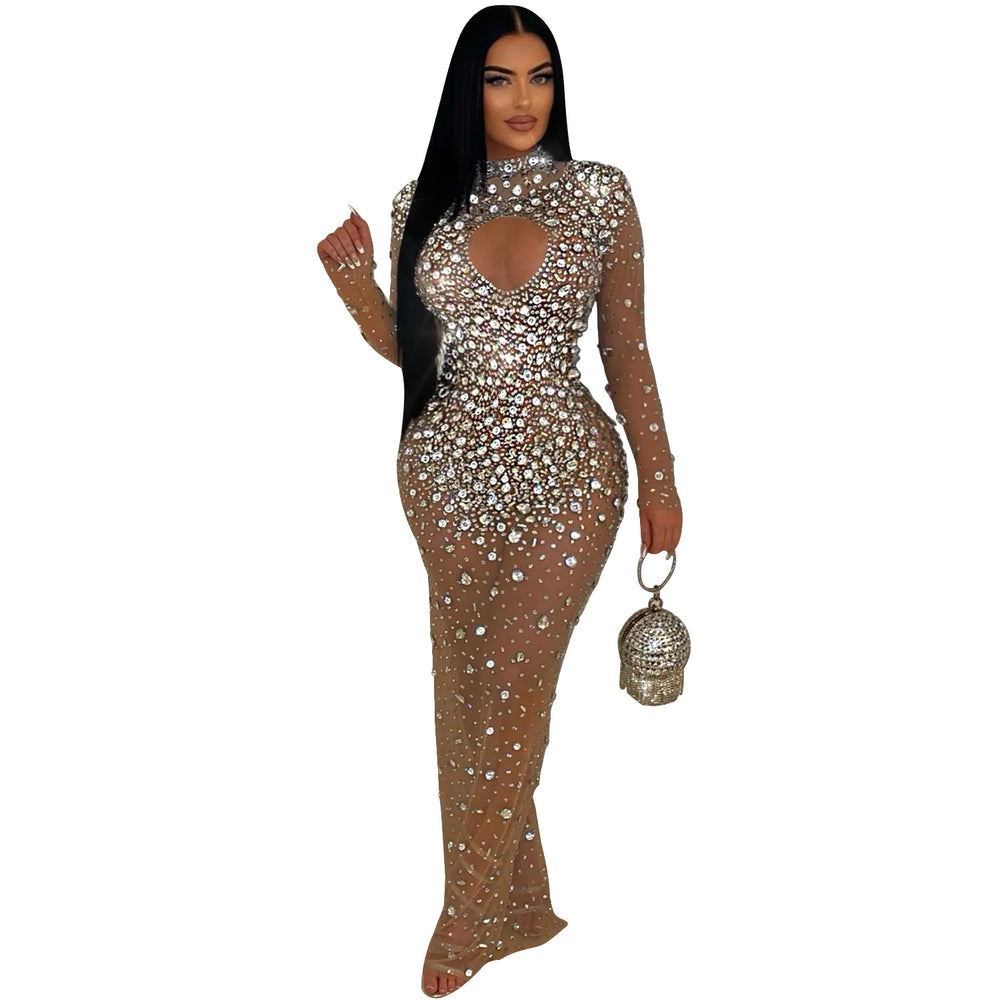 C6993 cross-border   independent station fashionfashion women's round neck hot diamond dress long skirt new