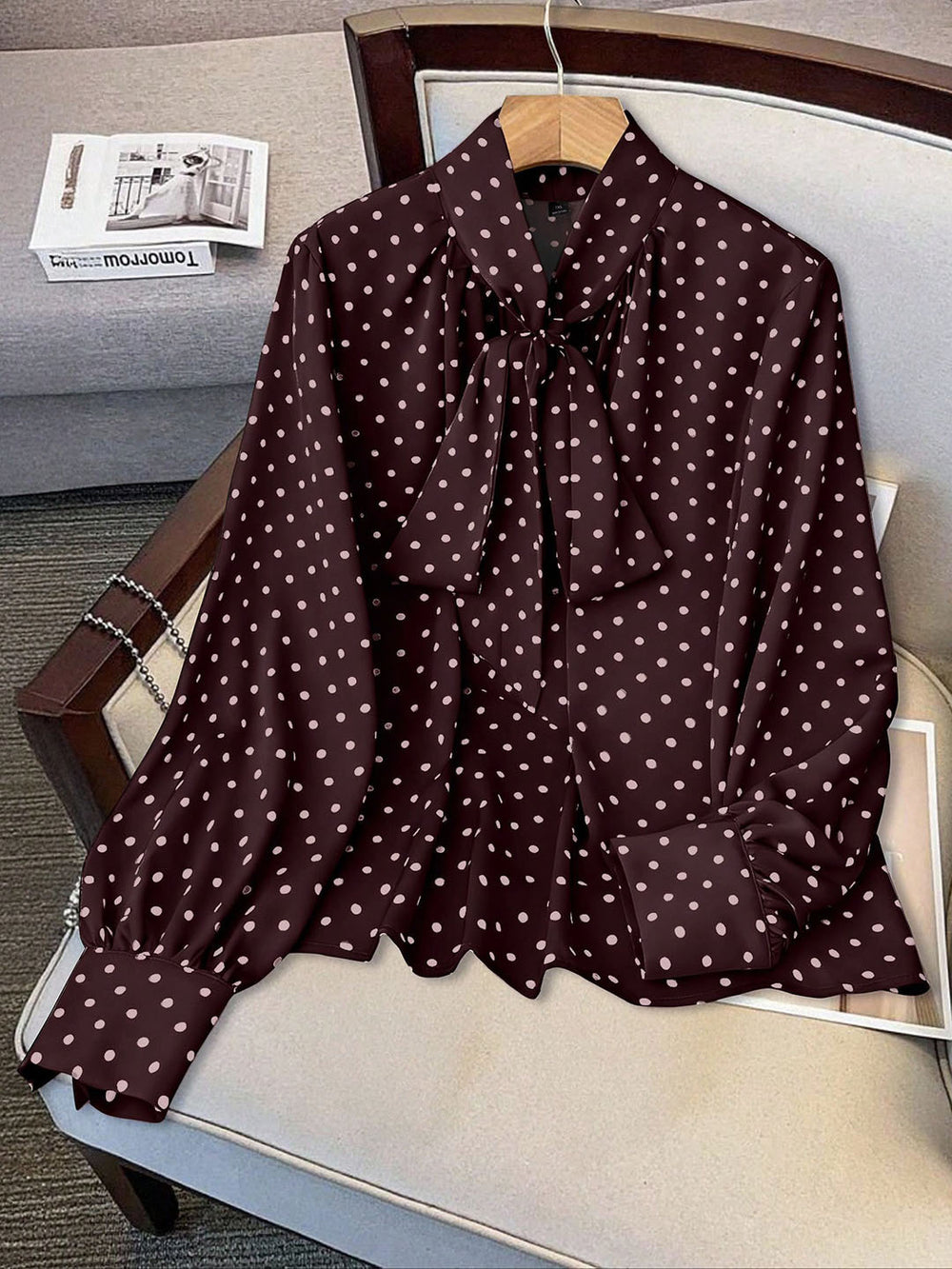 plus size retro polka dot ribbon tie blouse - bow collar, bubble sleeves, tummy control, versatile chiffon shirt