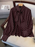 plus size retro polka dot ribbon tie blouse - bow collar, bubble sleeves, tummy control, versatile chiffon shirt