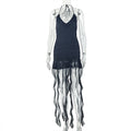European and american style ins cross-border elegant women's clothing sexy waist hanging neck hip skirt v-neck pure color short dress wholesale