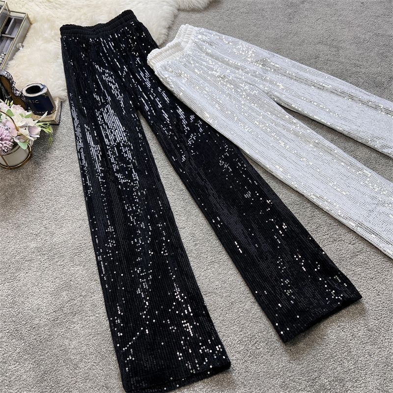 summer new arrival: flowy starry sky straight-leg pants - elastic waist, sparkling sequins, casual, loose fit, slimming wide-leg trousers