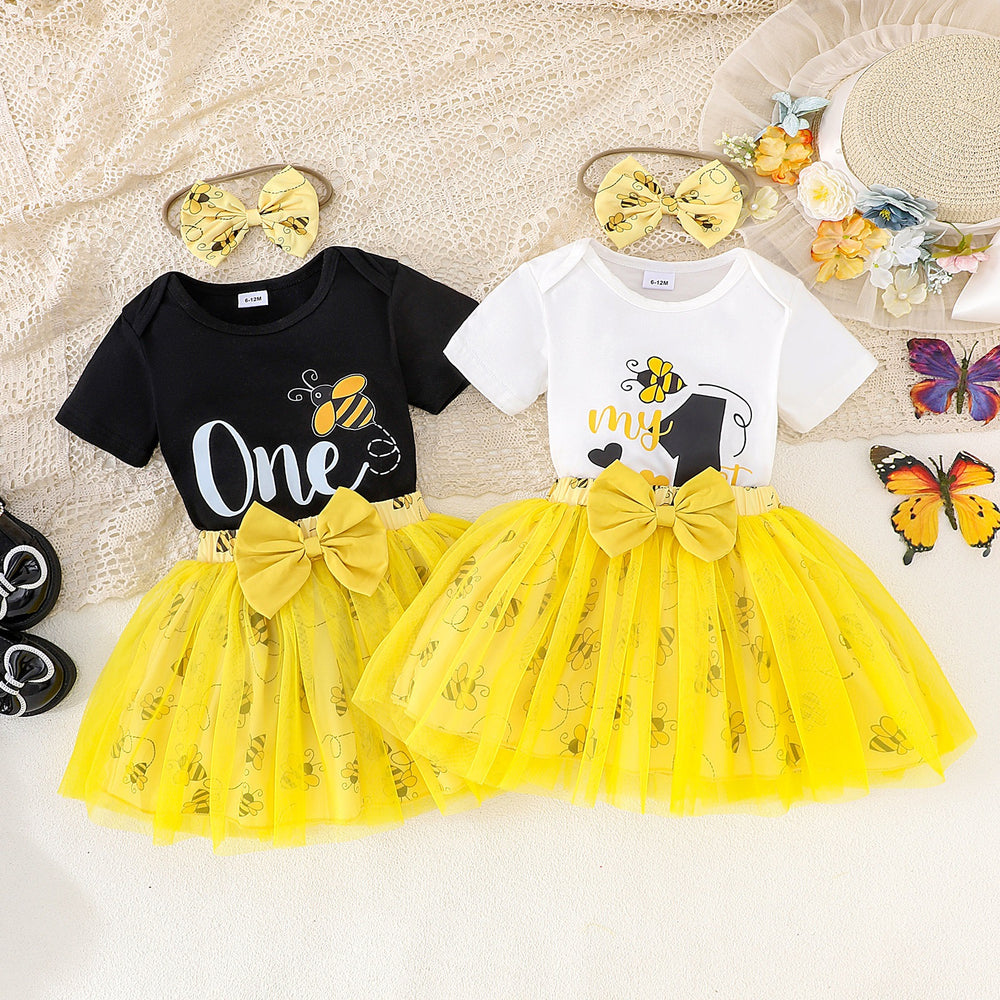Amazon european and american summer cute princess dress for infants and toddlers - printed short-sleeve top + bowknot mesh skirt + headband