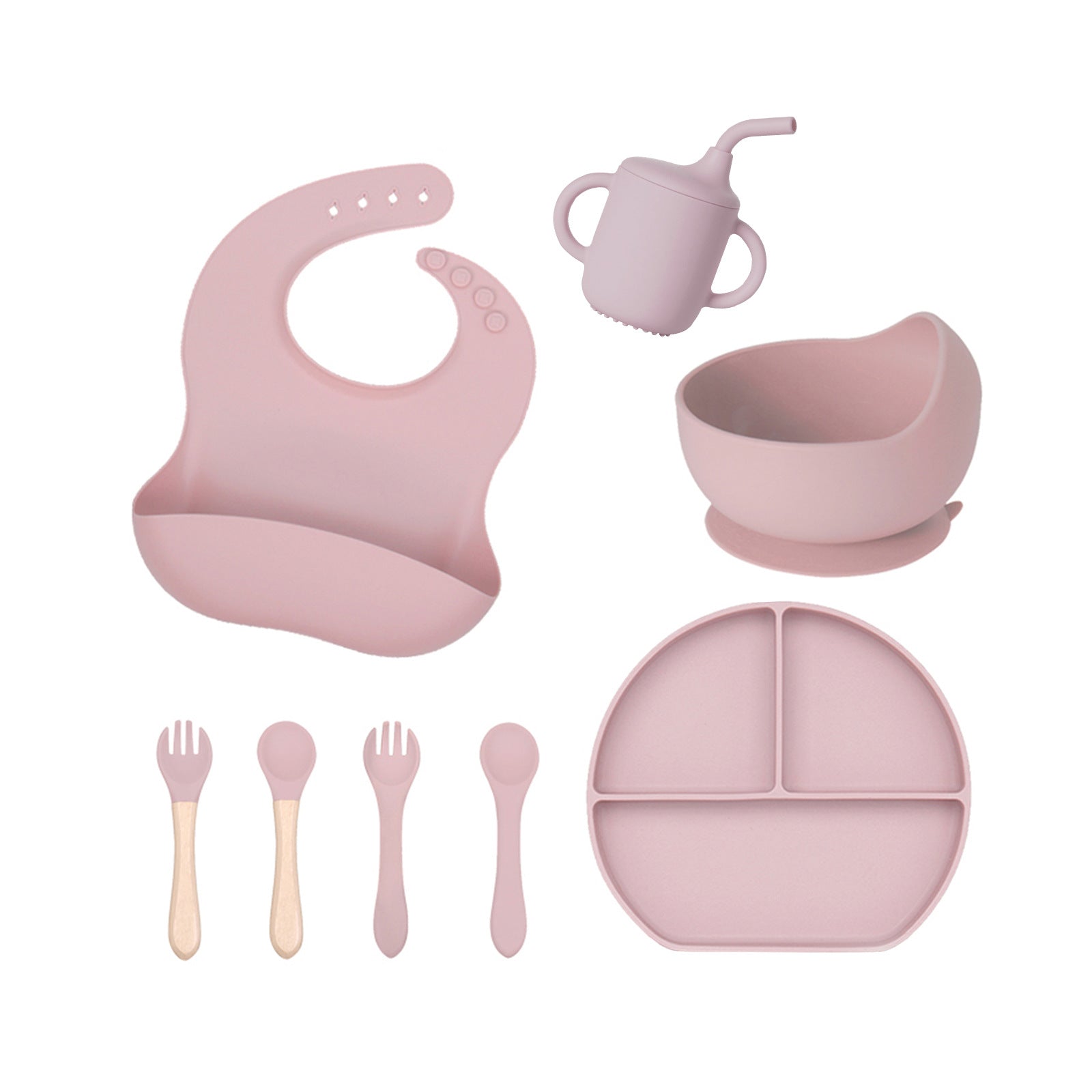 Baby silicone tableware 6-piece set Children's silicone bowl Suction cup Plate Water cup Wooden handle Fork spoon Wholesale Spot tableware