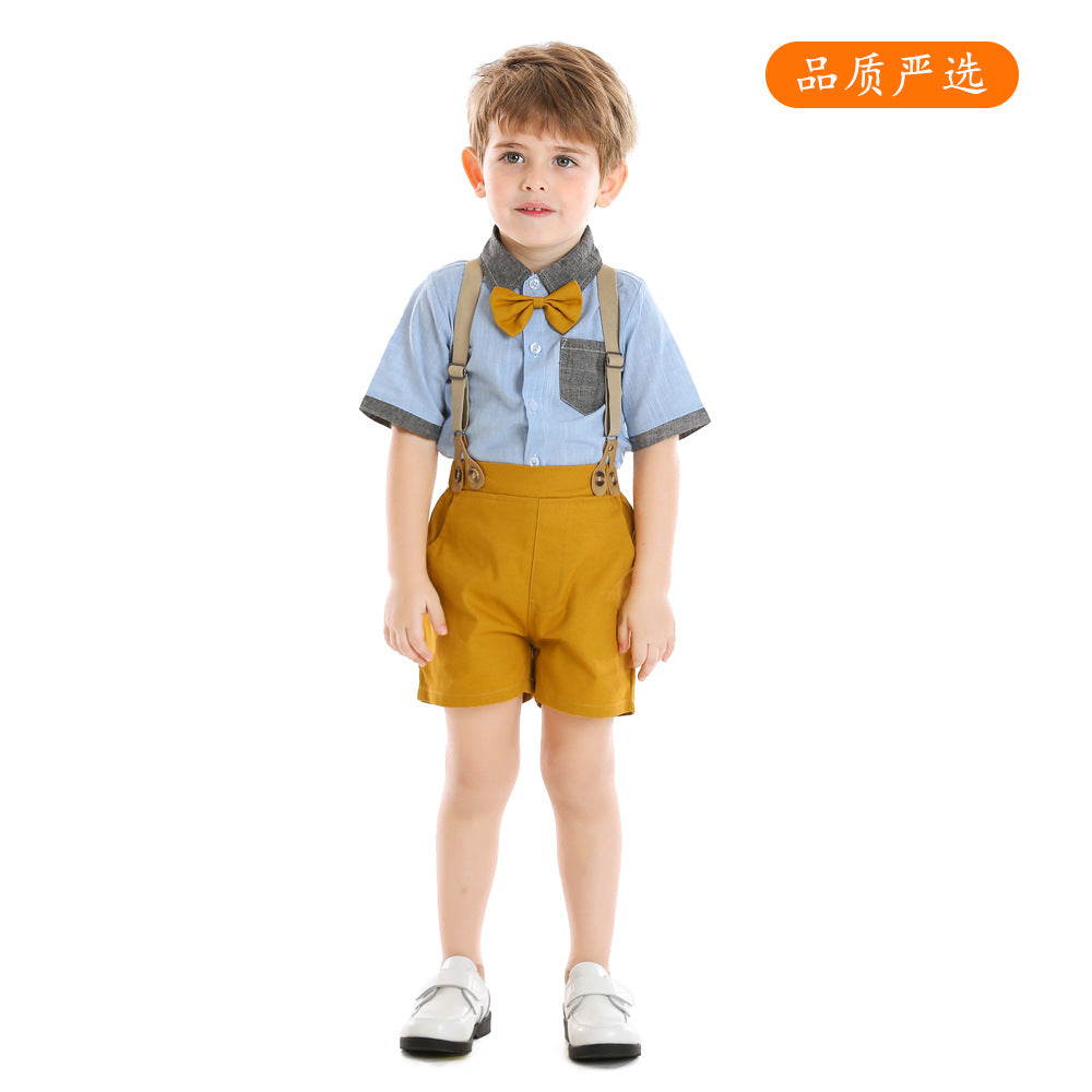 Summerexportchildren's clothingkidscontrast colorpatchwork short-sleeved suspender suit bow tie gentleman flower girl dressbaby set