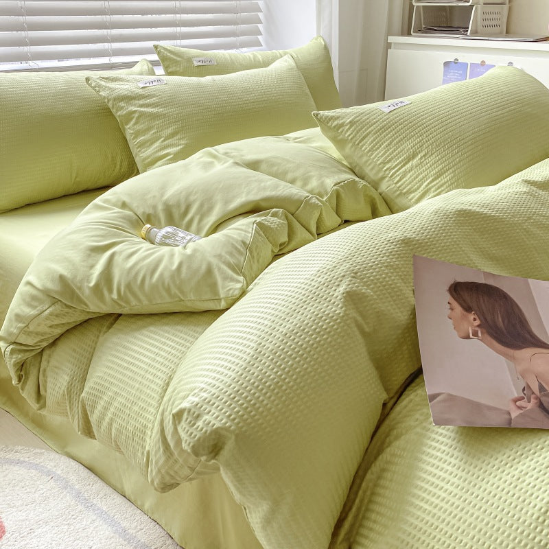 Solid color waffle four-piece wholesale ins polished bed sheet quilt cover Nantong quilt cover bed three-piece bed hat model