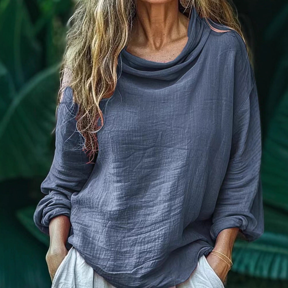 European and American  spring new women's clothing casual loose fashion long-sleeved solid color stacked collar pullover pleated top