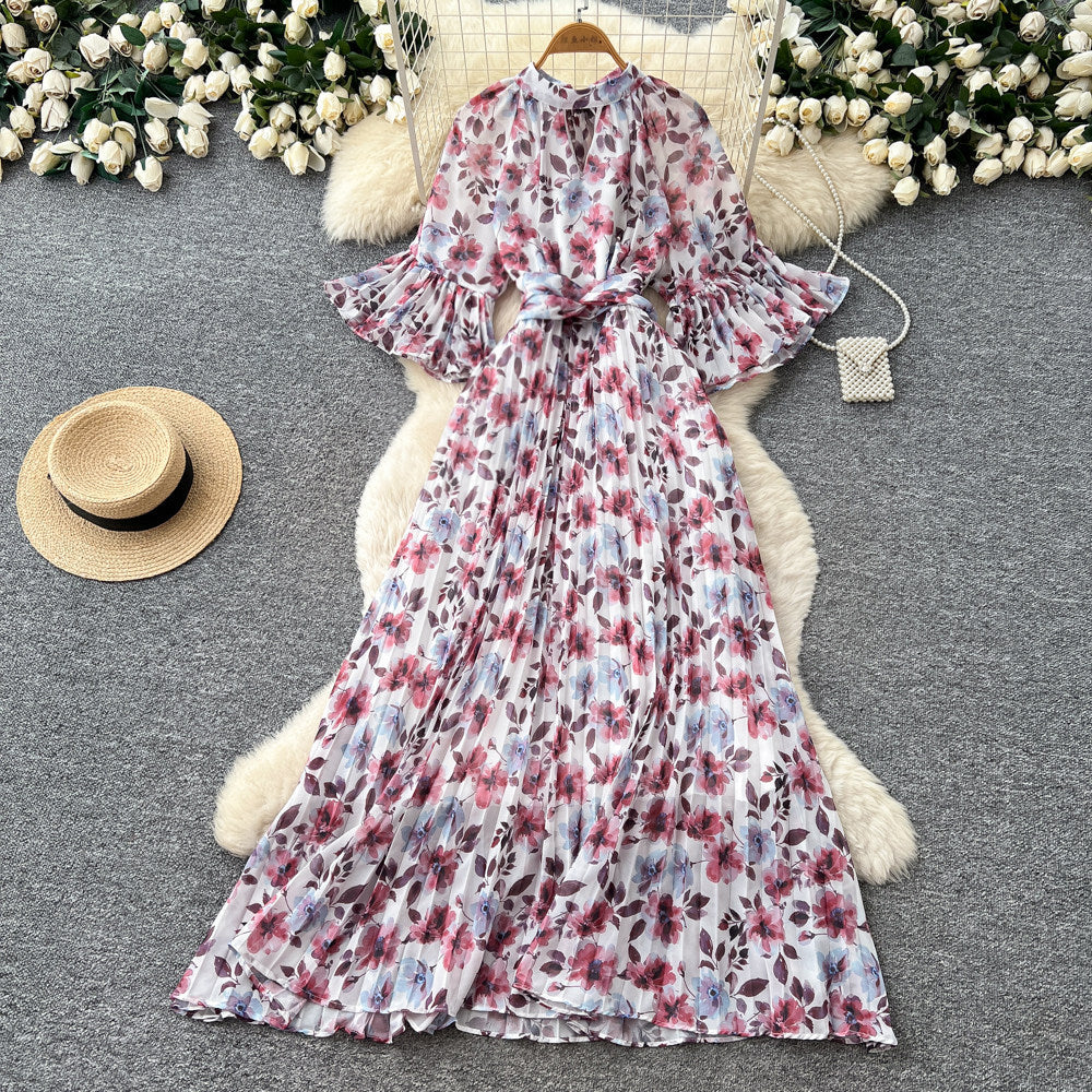 French chic floral print loose-fit dress - women's summer long sleeve a-line maxi dress - elegant and flattering, perfect for a sophisticated look