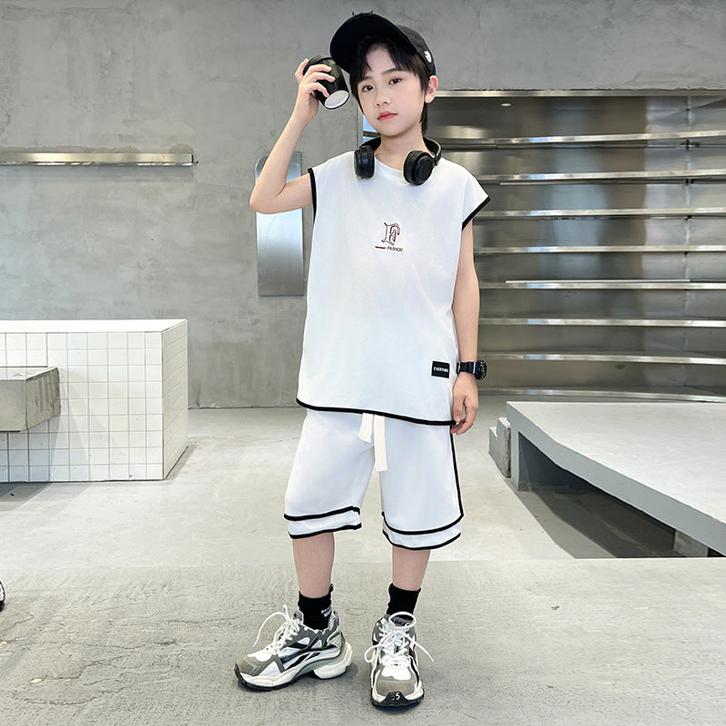 Kids' boys' summer outfit set  new style: trendy, stylish, lightweight, and cool short-sleeve and long-pant set for summer