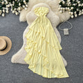 French riviera style bandeau asymmetrical dress - women's summer yellow ruffle hem maxi dress - slimming and chic