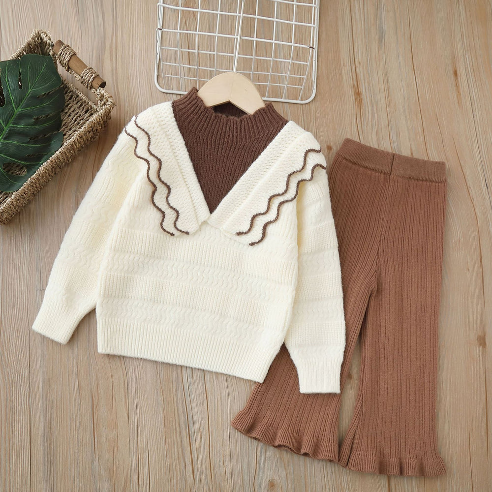 Girls' knitted sweater set, kids' two-piece outfit,  new style for baby girls ages 1-8, faux two-piece pullover set