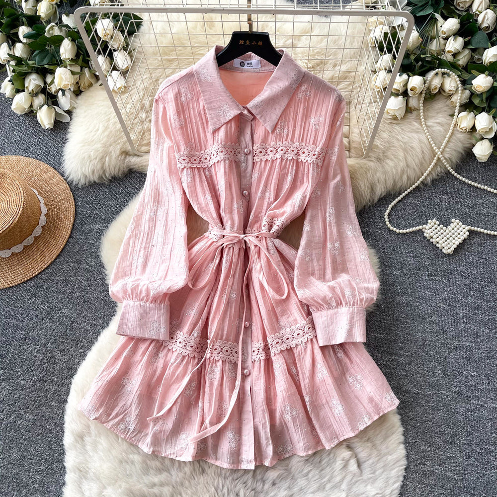 Frenchretro lapel strap waist dress women's spring autum mint green lacepatchwork a-line skirt work clothing