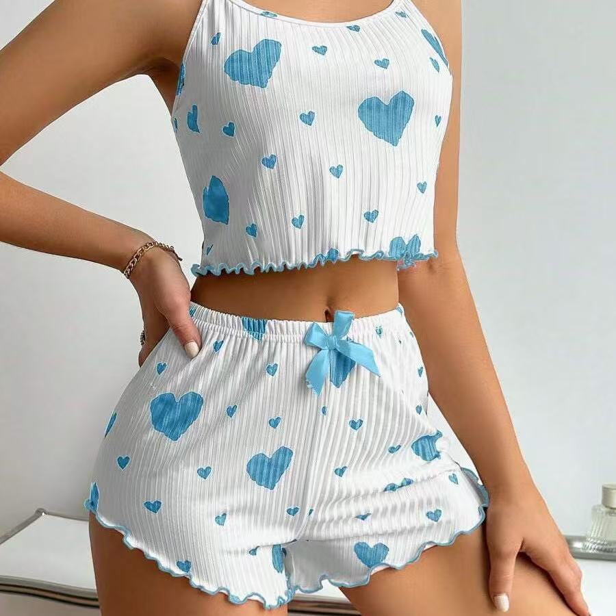 Tumu cross-border  hot-selling home clothes heart printing pajamas suitexport hot-selling suspender shorts two-piece set