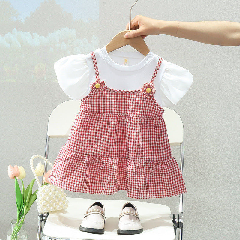 Girls' summer korean style cute floral round neck short sleeve dress  new girls' casual plaid skirt