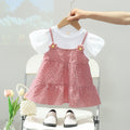 Girls' summer korean style cute floral round neck short sleeve dress  new girls' casual plaid skirt