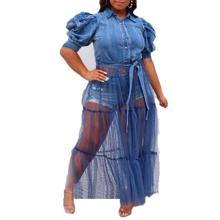 new european and american plus size women's dress cardigan long skirt elegant commute blue denim patchwork mesh skirt