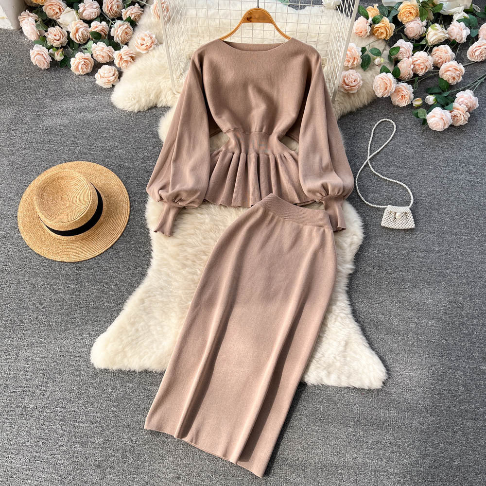 Autumn/winter french chic two-piece set: designer ruffle-trimmed lantern sleeve top + bodycon midi skirt