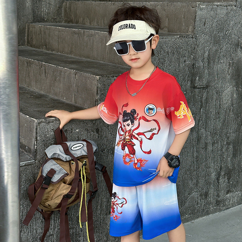 Summer little nezha short-sleeve set : new baby summer outfit, boys' sports two-piece set, quick-dry kids' clothing