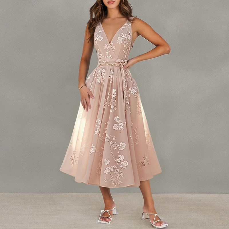 women's summer maxi dress - cross-border european & american style - elegant printed waist-tie dress