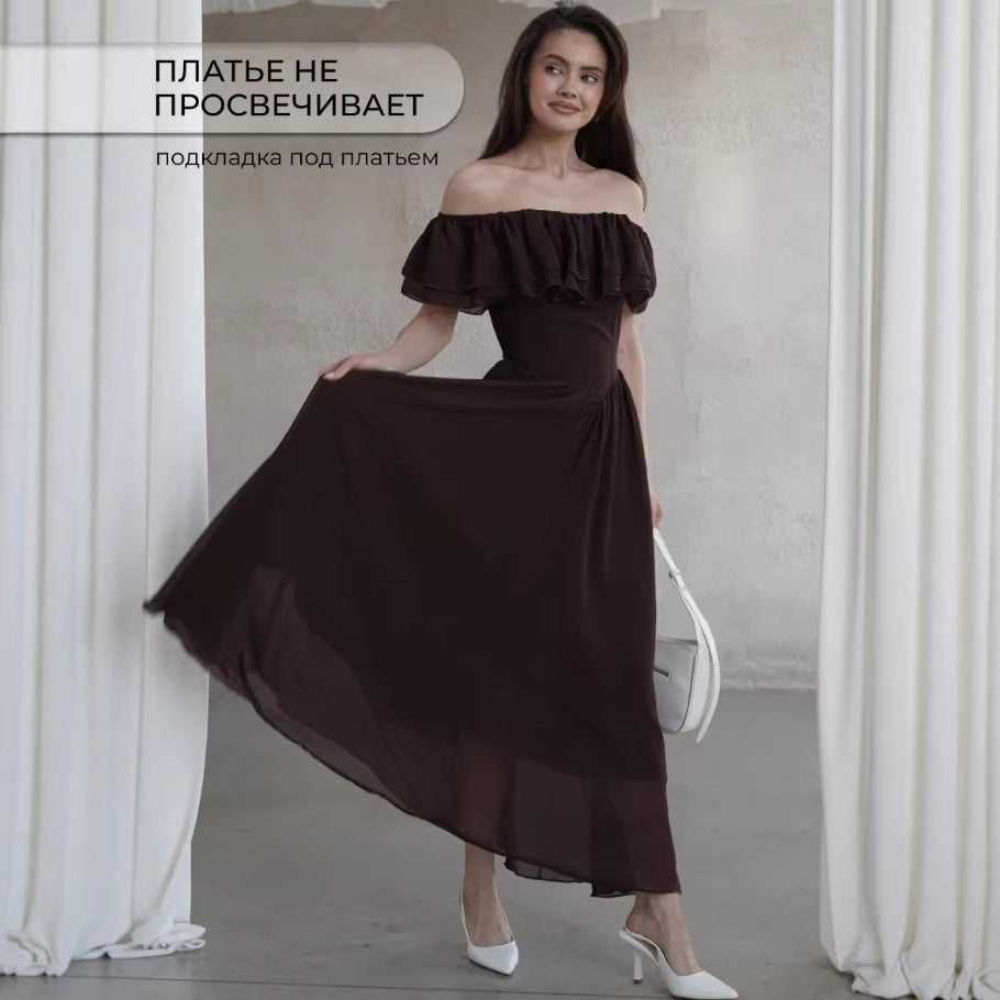 Whiteelegantrufflesslimming look flying sleeves word skirt dress long skirt women's summer other artsyretro short sleeves