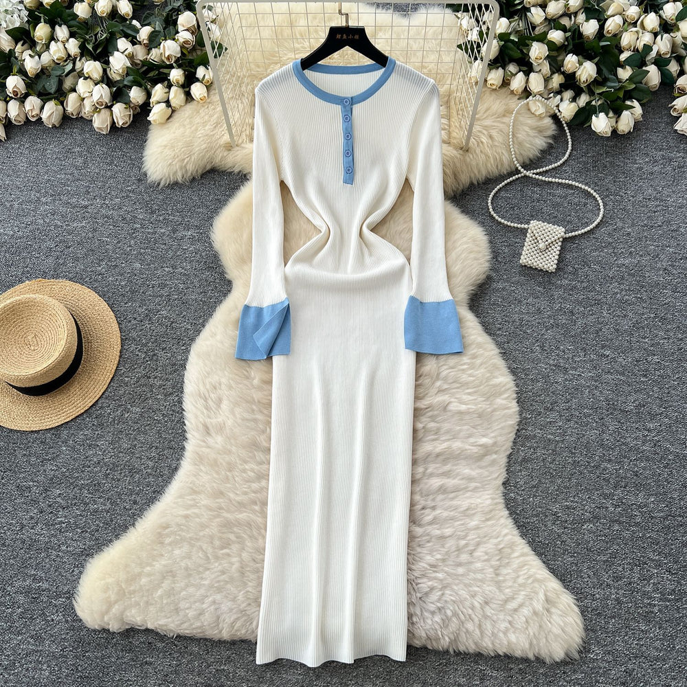 Frenchretrofashionablecontrast color round neck slit long sleevesknittingdress women's autum waist slimming look bottom long skirt