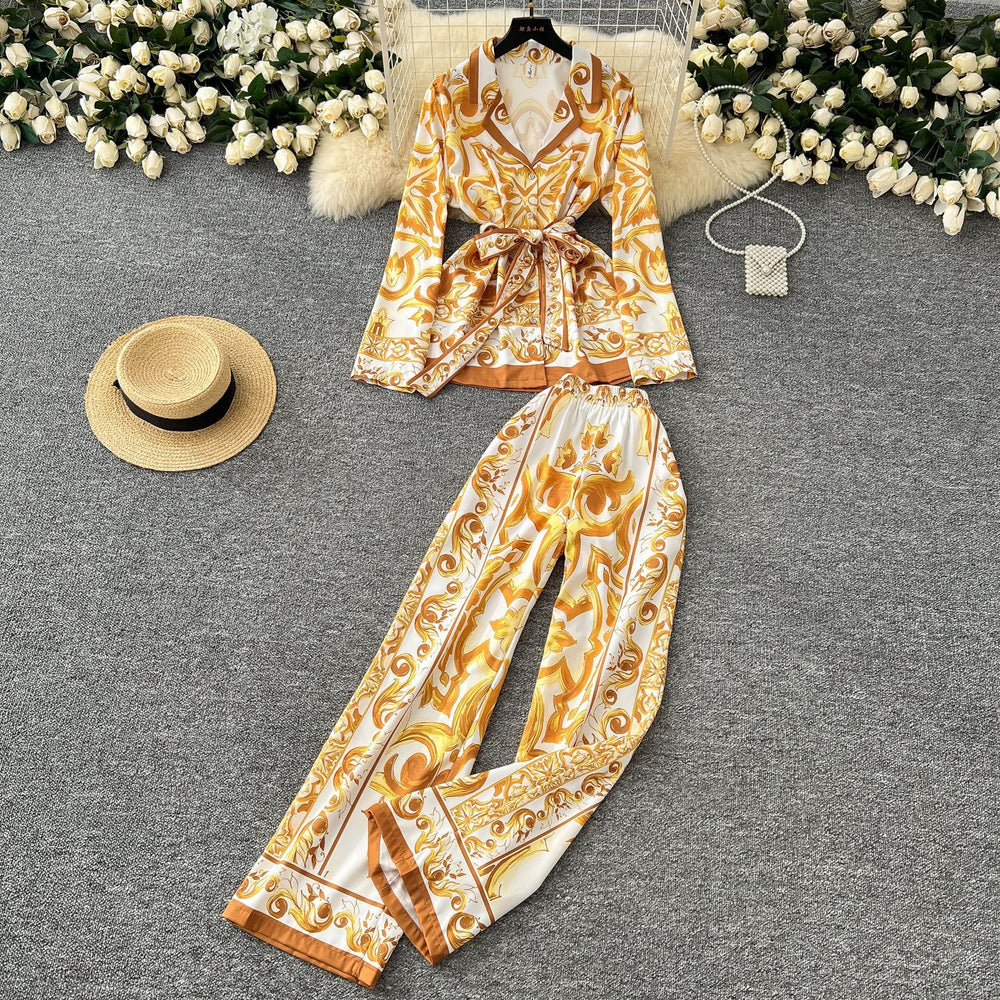 European and american retro chic position print tie-waist collared long sleeve top and high-waisted wide-leg straight pants set for women