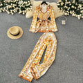 European and american retro chic position print tie-waist collared long sleeve top and high-waisted wide-leg straight pants set for women