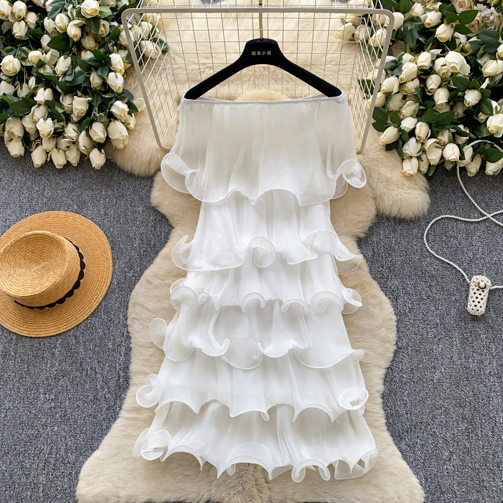 Accessible luxury dopamine ruffles cake skirt elastic women's super hot silm a-line dress classy sense vacation skirt