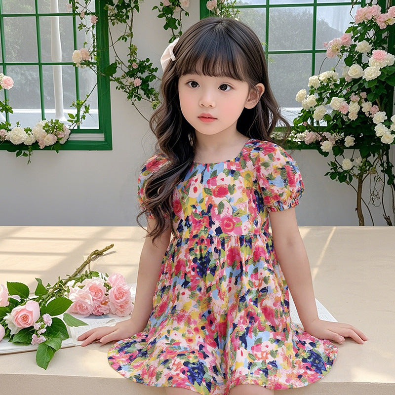 Girls' summer floral dress - trendy bubble sleeve sundress for kids - stylish cartoon print dress