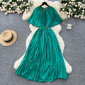 French fashion heavy industry diamond round neck shawl patchwork strap waist slimmingelegantpleated chiffon dress for women