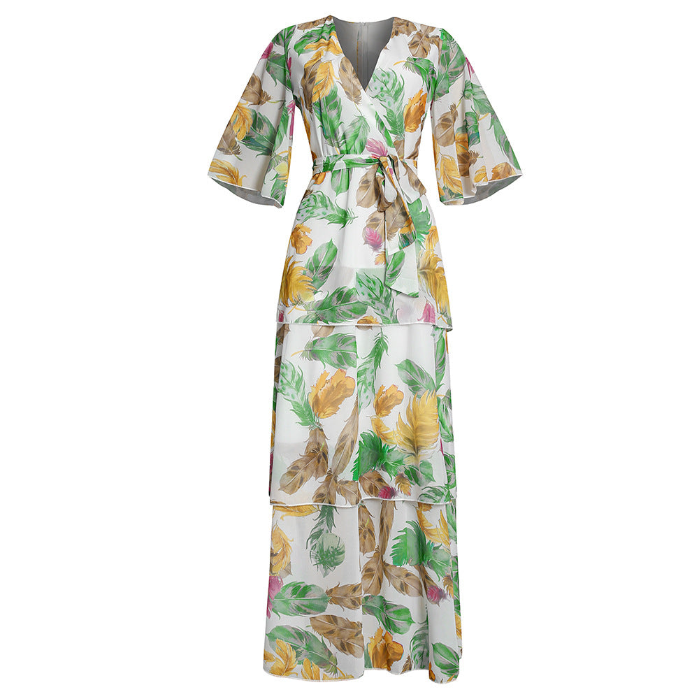 fashion v neck flower beach dress  plus size women's clothing casualloose swing long skirt