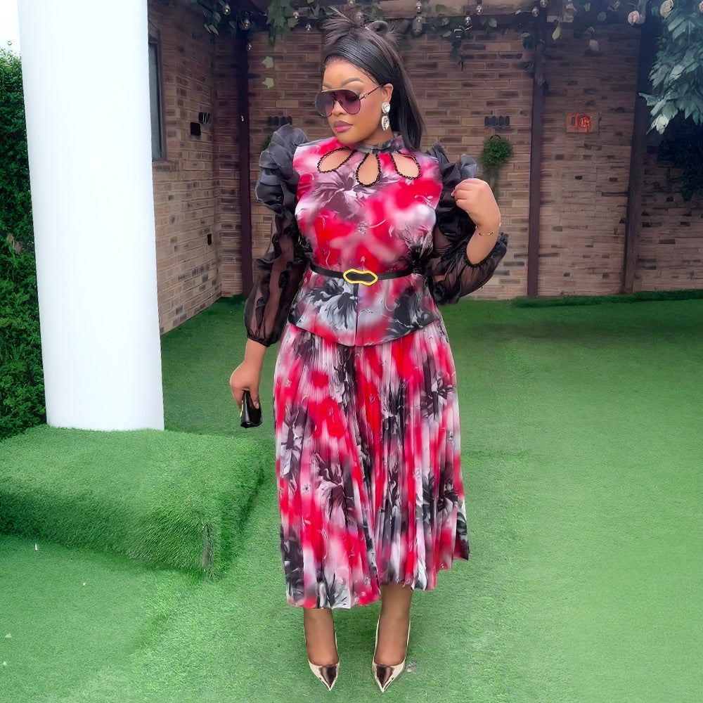 African  women's plus size cross-border printed dress new in stock fashion top and skirt two-piece set