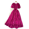 French chic high-end women's dress -  summer collection: 3d floral appliqué, ruffle hem, cinched waist, puff sleeves, printed maxi dress