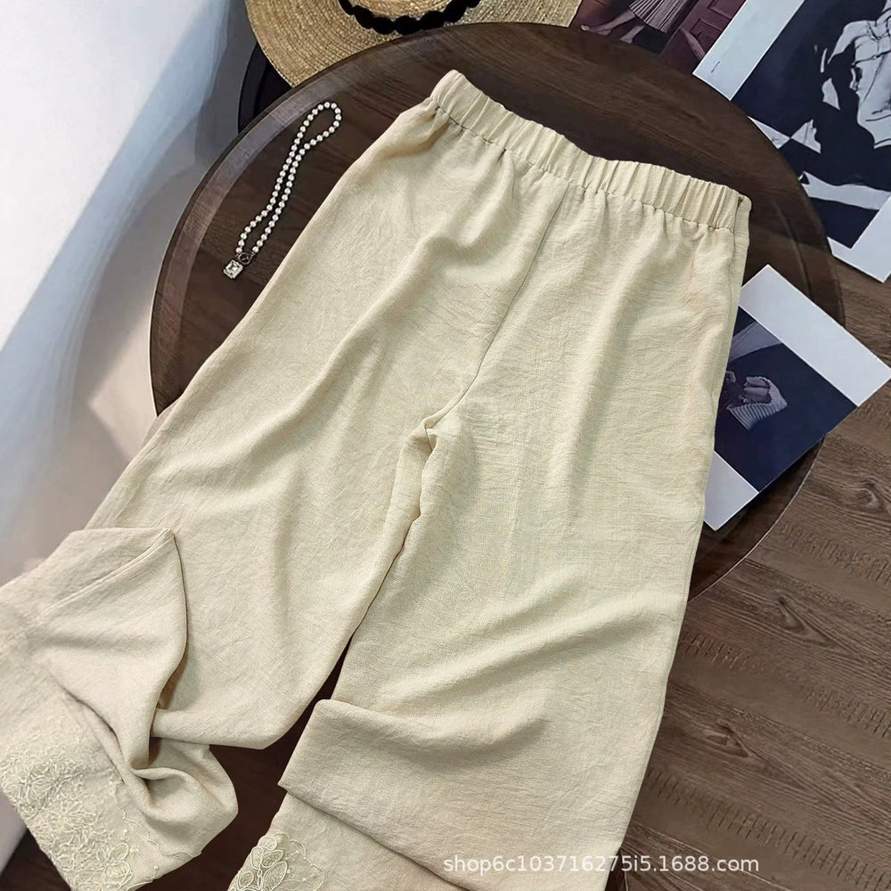 fashionsummernew arrival linen lace wide-leg pants high waistdrapedelegantcasual pants