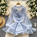 Fairy dress 2025 new arrival: atmospheric v-neck, 3d floral appliqué, tie-waist, ruffle hem chiffon dress for women